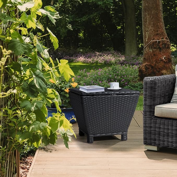 VINGLI Outdoor Side Table with Storage, 13-Gallon Patio Deck Box Outdoor Wicker Side Table for Poolside Balcony Storage Table (Black, Trapezoid)