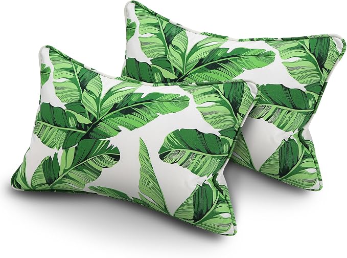 13 x 20 Inch Outdoor Lumbar Pillow with Insert Set of 2, Decorative Piping Edge Waterproof Fade Resistant Fluffy Throw Pillows for Patio Furniture Chair Bench Couch - Green Leaves White