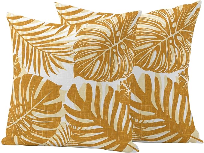 Vintage Yellow Palm Leaves Outdoor Pillow Covers 20"x20" Set of 2, Tropical Botanical Minimalist Modern Waterproof Throw Pillow Covers for Patio Furniture, Decorative Cushion Covers for Porch