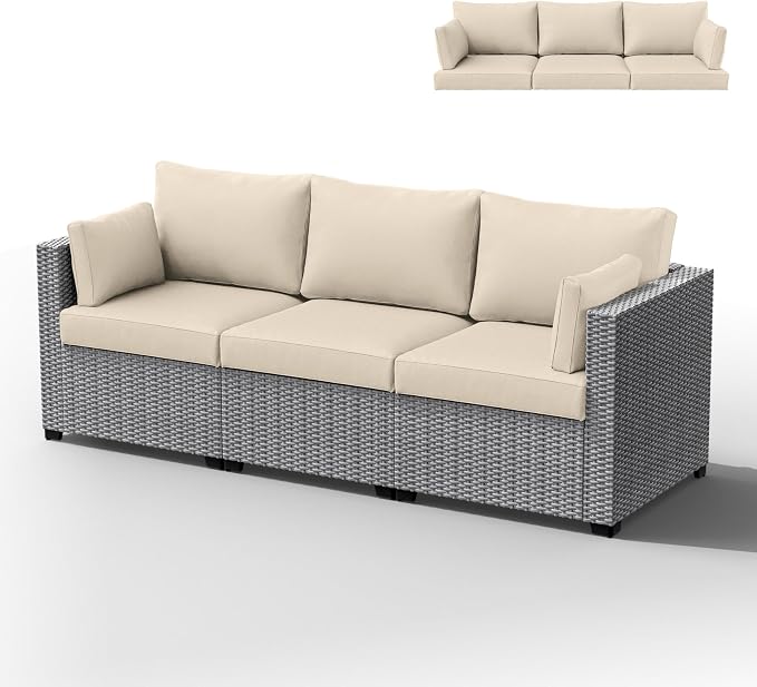 Outdoor Furniture Replacement Cushions, Waterproof Patio Furniture Cushions, 4" Deep Seat Outdoor Sectional Cushion for 3-Seat Outdoors Rattan Sofa Patio Sofa Cushion, Cream