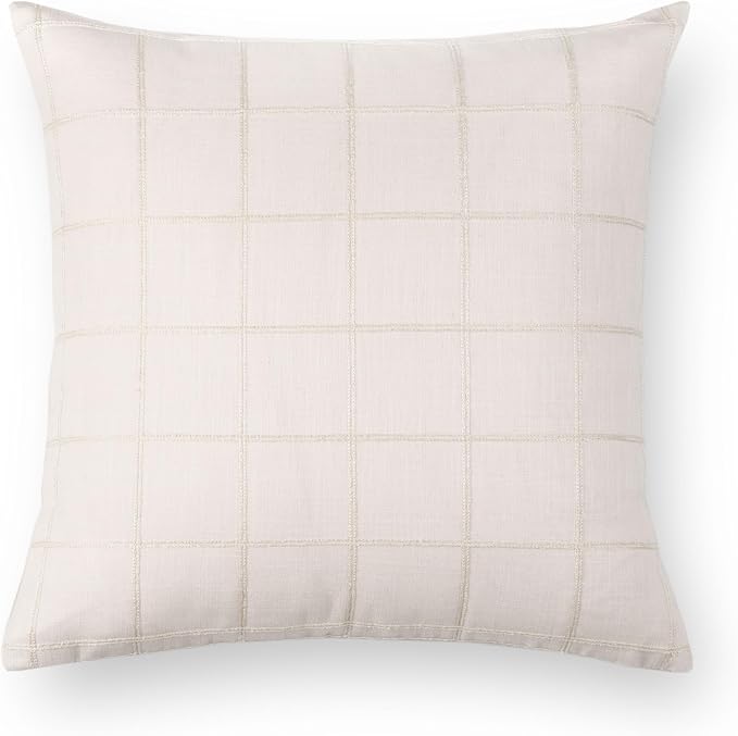 Modern Farmhouse Fall Linen Indoor Outdoor Throw Pillow Cover Only, 22"x22" Water Repellent for Patio, Backyard, Couch, Neutral Beige Plaid