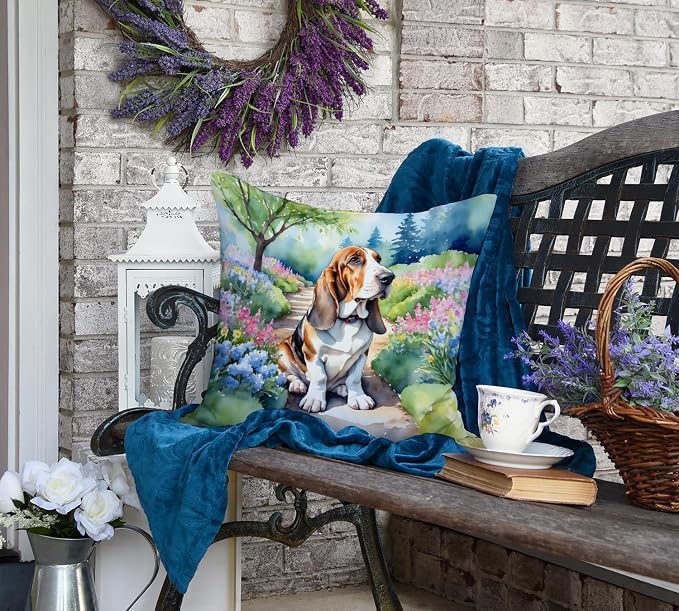 Caroline's Treasures Basset Hound Spring Garden Throw Pillow Machine Washable, Indoor Outdoor Decorative Pillow for Couch, Bed or Patio, 18Hx18W