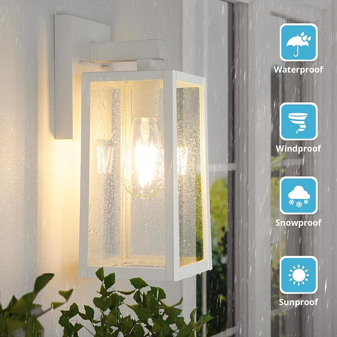 MAXvolador Outdoor Wall Sconce, Large Exterior Waterproof Wall Lantern Light Fixture, White Porch Lights Glass, Anti-Rust E26 Patio Lighting, 2 Pack | Large White Porch Wall Lights, Anti-Rust, E26 Socket, Clear Glass Outside Wall Mount Sconces, Front D...