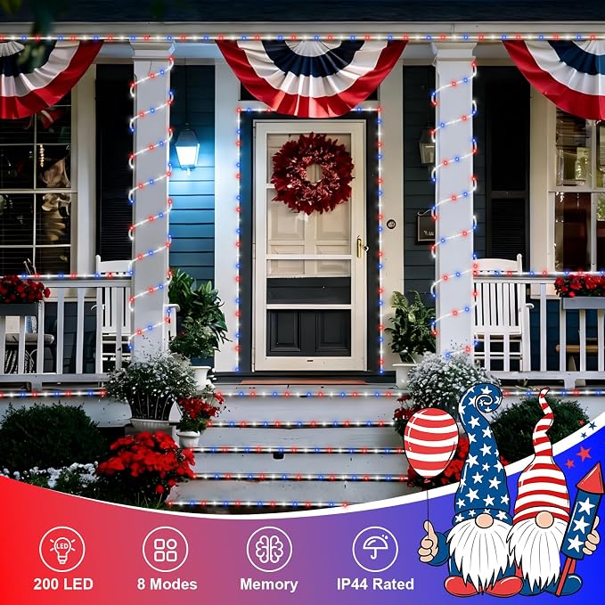 QITONG Red White Blue Solar Rope Lights, 66ft 200 LED 4th of July String Lights, 8 Modes Fairy Lights in Clear Thin Tube for Patriotic Independence Memorial Day Decor