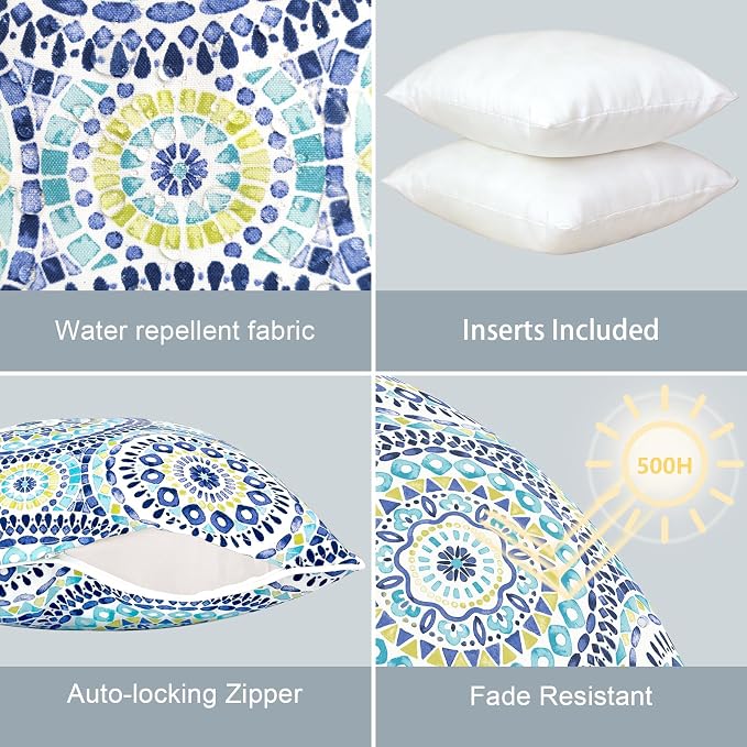 LVTXIII Set of 2 Patio Throw Pillows Waterproof 20"x20" Fade Resistant Outdoor Throw Pillows with Inserts, Fluffy Decorative Garden Toss Pillow Cushions for Home Patio Coach Sofa Use, Delancey Baltic