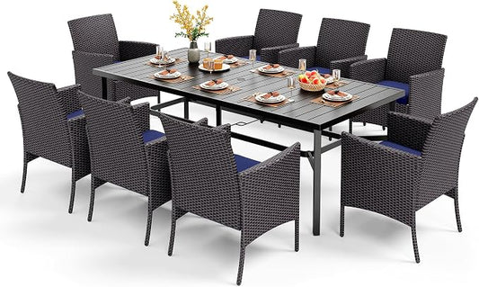 PHI VILLA 9 Piece Patio Dining Set, 83" Rectangular Table, Rattan Chairs | Outdoor Dining Set for 8, Metal Dining Table with Umbrella Hole, Large Outdoor Dining Table Set for Patio, Deck, Porch