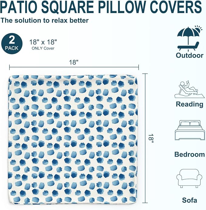 DYTXIII Pack of 2 Outdoor Waterproof Pillow Covers ONLY, 18"x18" Square Decorative Double Printed Throw Pillow Cases for Patio Couch Porch Furniture, Brush Blue