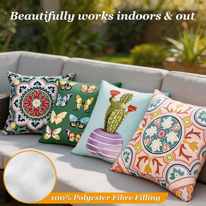 18" Outdoor Throw Pillows Set of 4, Waterproof&Fade Resistant Patio Furniture Pillows with Built-in Inserts, All-in-One Light Blue Cactus Print Design for Sofa, Patio or Backyard Relaxation