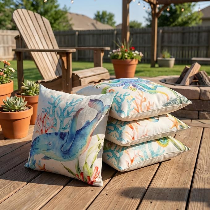 Coastal Outdoor Pillow Covers 18x18 Waterproof, Nautical Beach Throw Pillow | Coastal Room Decor, Nautical Decor for Home, Beach Themed Room Decor, Outdoor Throw Pillows for Beach Chair Porch Patio