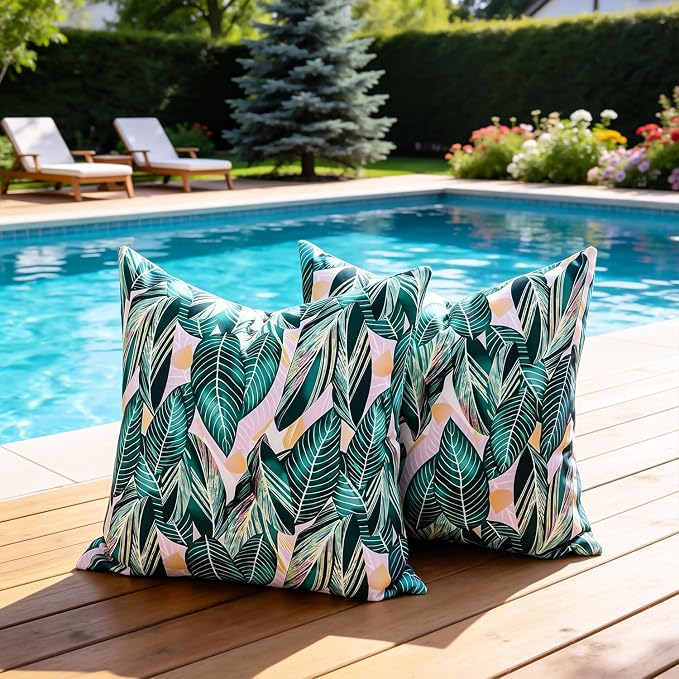 Outdoor Waterproof Pillow Covers Summer Green Tropical Leaf Decorative Throw Pillow Covers Square Accent Couch Covers Garden Cushion Cases 18x18 Inch Set of 2 for Patio Tent Balcony Furniture Sofa