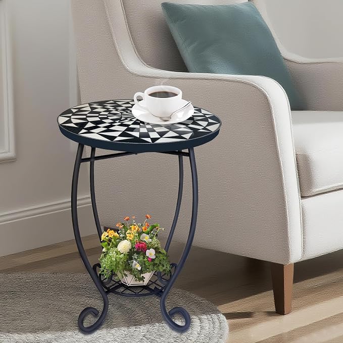 LIFFY Outdoor Side Table,12" Round Ceramic Tabletop Accent Table with Metal Frame, Indoor Small Decorative Plant Stand & End Table for Home, Patio, Garden