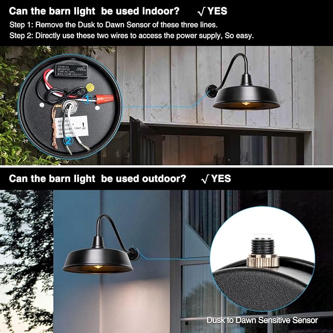 Gooseneck Barn Light, 18inch Dusk to Dawn Black Outdoor Wall Sconce | Weatherproof Steel Exterior Large Lighting Fixture, E26 Base, Easy DIY Install for Porch, Garage, Barn, Farmhouse(1 PC)
