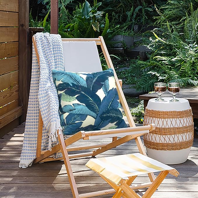 Outdoor Pillows for Patio Furniture 18x18 inch, Square Outdoor Throw Pillows with Inserts, Decorative Toss Pillows for Garden Couch Home Sofa Office Chair, Pack of 2, Swaying Palms Blue