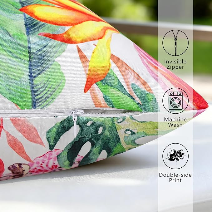 cygnus Summer Waterproof Outdoor Pillow Covers 18x18 Inch Tropical Jungle Floral Leaf Leopard Decorative Outdoor Pillows for Couch Patio Furniture Garden，Pack of 2