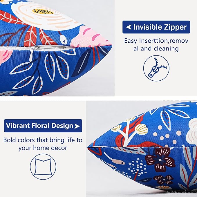 Pyonic Blue Waterproof Outdoor Pillow Covers 18x18 Set of 2, Colorful Floral Decorative Cushion Covers for Patio Furniture, Garden, Balcony,Sunbrella，Boho Nordic Outdoor Indoor Home Decor
