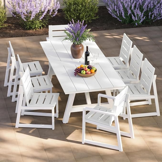 Costaelm Rectangle Patio Table, 8-Person Backyard Table 90" HDPE Dining Table with Umbrella Hole and Metal Frame for Outside, Garden, Poolside, Deck, Porch, Balcony, White