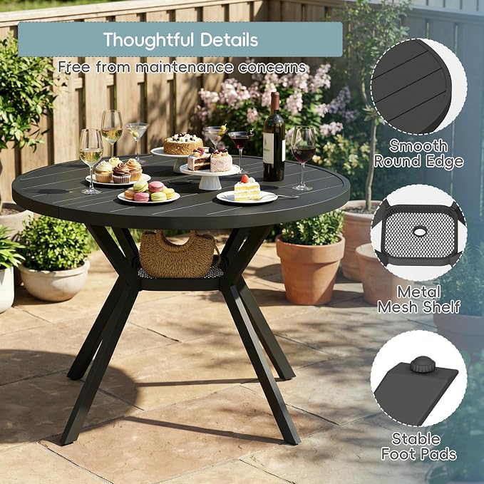 42" Outdoor Patio Table Dining Table All Weather Metal Round Patio Dining Table with Adjustable Umbrella Hole Patio Furniture for Lawn Garden Backyard, Black