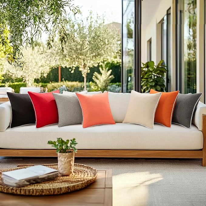 MIULEE Outdoor Waterproof Pillow Covers 20x20 Coral Red Pack of 2 | Decorative Farmhouse Throw Pillow Covers with Piping,Square Solid Color,Patio Furniture,Summer Couch Tent Sofa Living Room