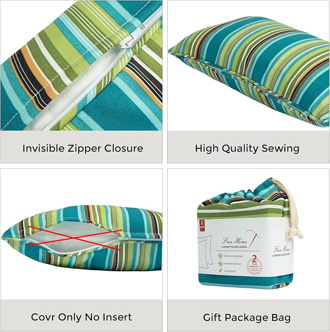 Waterproof Outdoor Lumbar Pillow Covers Set of 2,Home Decor for Garden Patio Furniture,Couch,Sofa 12"x20" Inch Decorative Pillows Cover Only,NO Insert(Green Stripe)