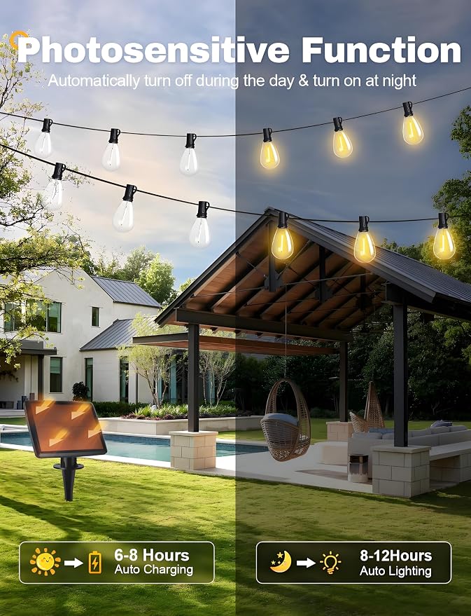 Likesky 50FT Solar String Lights Outdoor with Remote,18+1LED Shatterproof Bulbs & USB Port, Waterproof 3 Modes Dimmable Solar Lights for Backyard, Patio, Camping