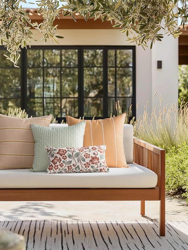 Modern Farmhouse Fall Linen Indoor Outdoor Throw Pillow Cover Only, 20"x20" Water Repellent for Patio, Backyard, Couch, Light Green Embroidered Stripes
