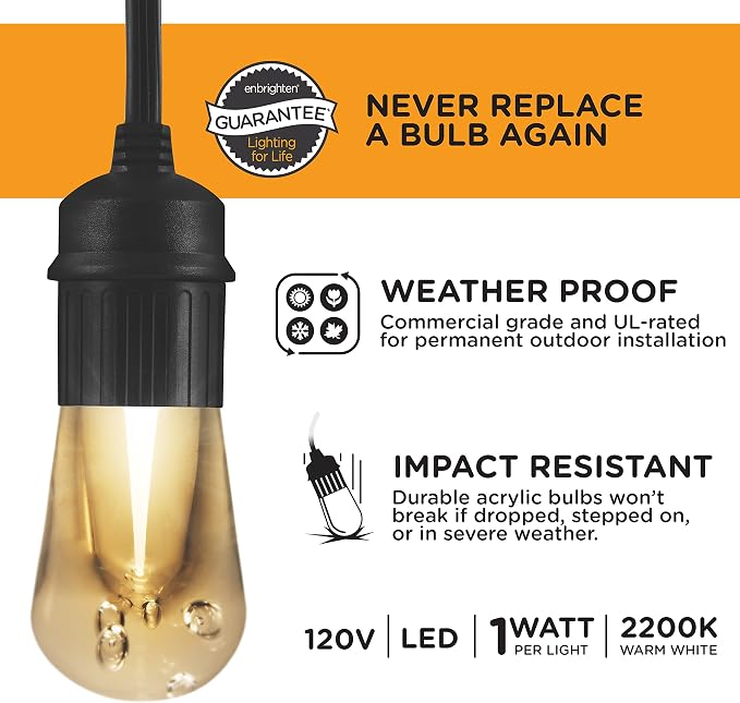 Enbrighten Vintage Outdoor String Lights, 24ft, 12 Bulbs, White Light Only | 2700K Warm White Light, Weatherproof, Shatterproof Acrylic Bulbs, Drop Cord, Easy Install Keyholes, Linkable up to 350ft