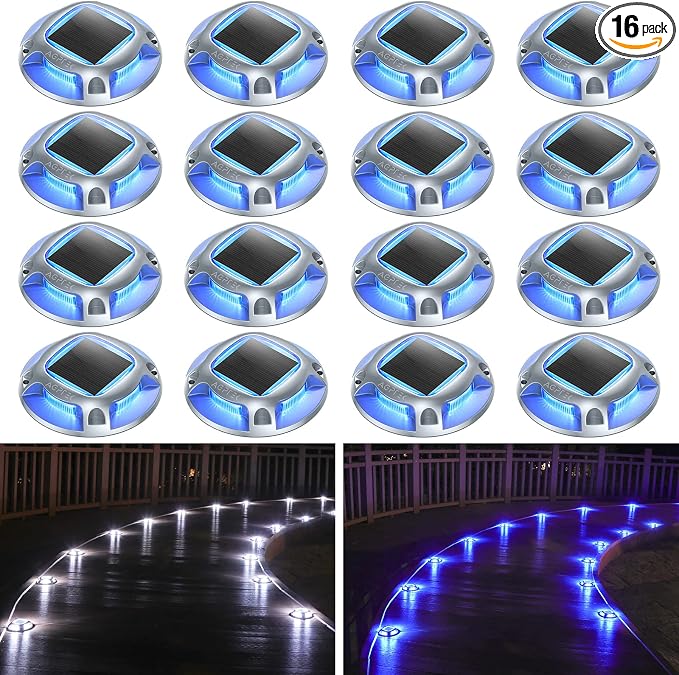 AGPTEK Solar Driveway Lights Outdoor 16 Pack, 2 Color Modes LED Deck Dock | Marine Waterproof Driveway Marker Lights for Step Sidewalk Stair Garden Pathway Walkway Yard (Blue Light/Cool White)