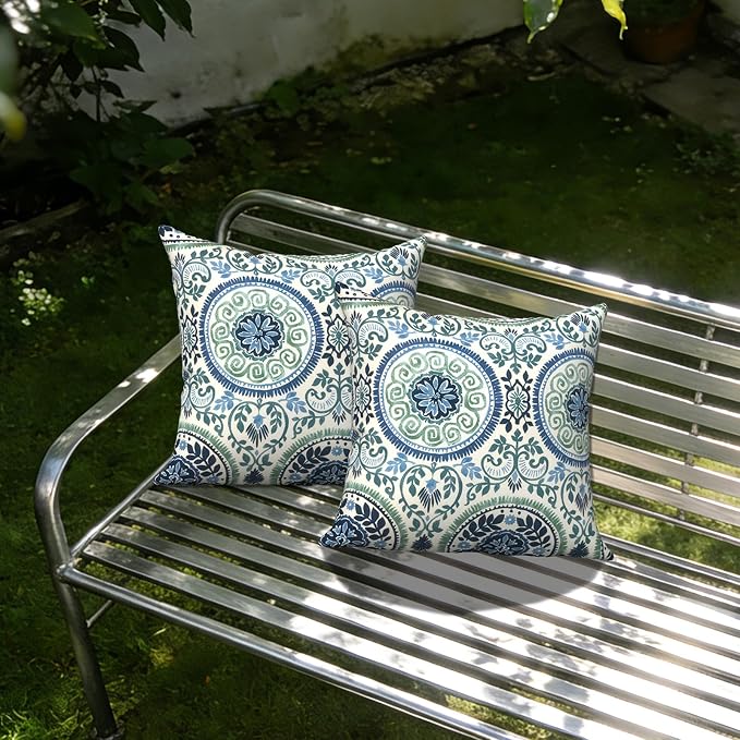 Outdoor Pillows with Insert 18x18 Inch, Waterproof Throw Pillow for Patio Furniture, Decorative Back Cushion for Garden Home Sofa Office Chair, Set of 2, Medallion Blue