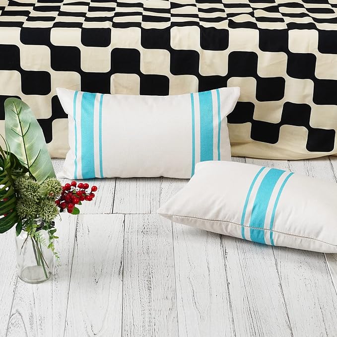 ONWAY Outdoor Pillow Covers Waterproof 12x20 Set of 2 Decorative Linen Throw Pillow Cover Beige and Blue Striped Outdoor Pillows for Patio Furniture