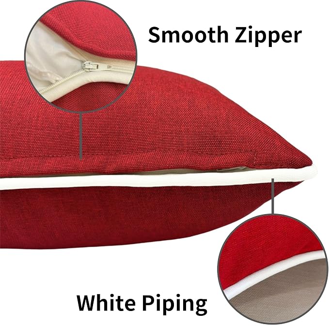 HER HWA Outdoor Throw Pillow Covers White Piping 18"x18" Set of 2, Red | durable fade-resistant water-resistant 100% polyester white piping smooth zipper machine washable for indoor outdoor décor