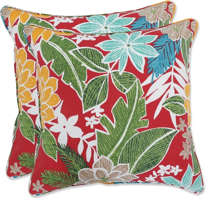 Pillow Perfect Tropic Floral Indoor/Outdoor Accent Throw Pillow, Plush Fill, Weather, and Fade Resistant, Throw - 16.5" x 16.5", Red/Green Bora Cay, 2 Count