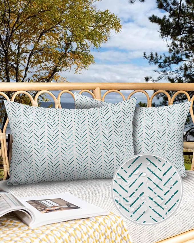 Turquoise Striped Outdoor Pillow Covers Waterproof,All Weather Cushion Case Set of 2 Lumbar Pillowcase for Sofa Couch Bed Decor Patio Furniture 20"x12" White Geometric Minimalist Boho Striped