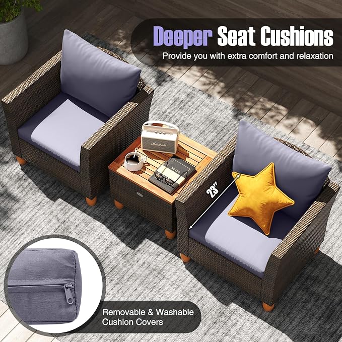 HAPPYGRILL 3 Pieces Patio Conversation Set with Storage Coffee Table, Outdoor Patio Furniture Wicker Sofa Set with Soft Cushions for Balcony Backyard Porch