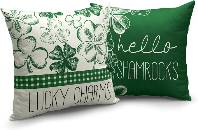 St Patricks Day Hello Shamrocks Pillow Covers 20x20 Green Lucky Charm Cushion Case Clover Hat Cotton Linen Pillowcase for Living Room March Holiday Decor Set of 2