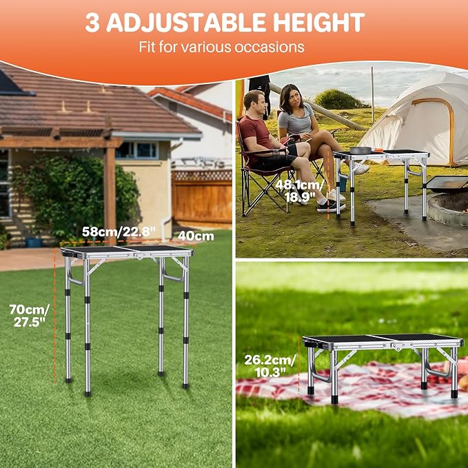 FUNYKICH Folding Grill Table for Outside, 3 Height Adjustable Portable Camping Tables, Lightweight Metal Aluminum Outdoor Table with Portable Handle for Camping, Picnic, BBQ, 23''x16'', Silver