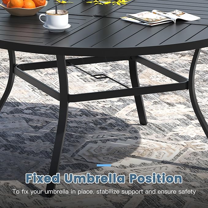 DIFY 11 Piece Outdoor Dining Set, 60" Black Round Metal Dining Table and Dark Grey Textilene Stackable Patio Chairs, Patio Table and Chairs Set for 10 with Umbrella Hole for Backyard Garden Deck