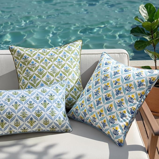 ANRODUO Floral Outdoor Waterproof Pillow Covers Set of 2 Green 12x20 Inch | Lumbar Block Print Decorative Cushion Cases With Refined Edge Piping for Summer Patio Porch Garden Couch Sofa Bench Decor