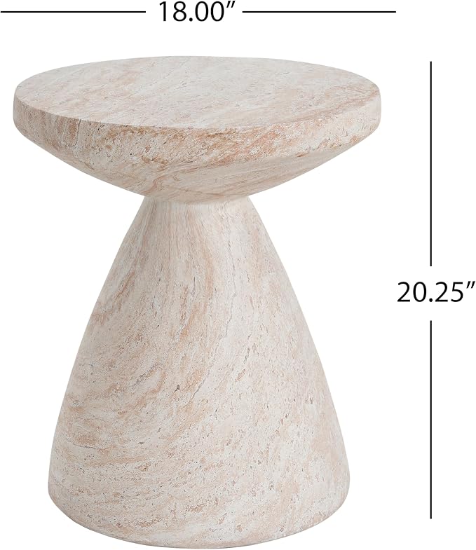Outdoor Concrete Travertine Side Table, Magnesium Oxide Patio End Table, Faux Stone Accent Stool Coffee Table for Indoor Outdoor Use on Patio, Garden, Backyard-Beige 18"*20.25"