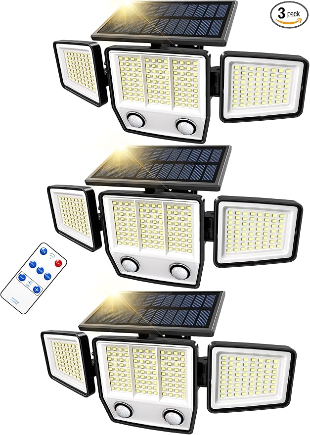 MDCMDCM Solar Motion Sensor Outdoor Lights Waterproof - 3000LM 3 Modes Security Lights Outdoor 270° Illumination IP65 LED Solar Flood Wall Light for Garden Yard Patio Pathway (with ‎Remote Control,3)