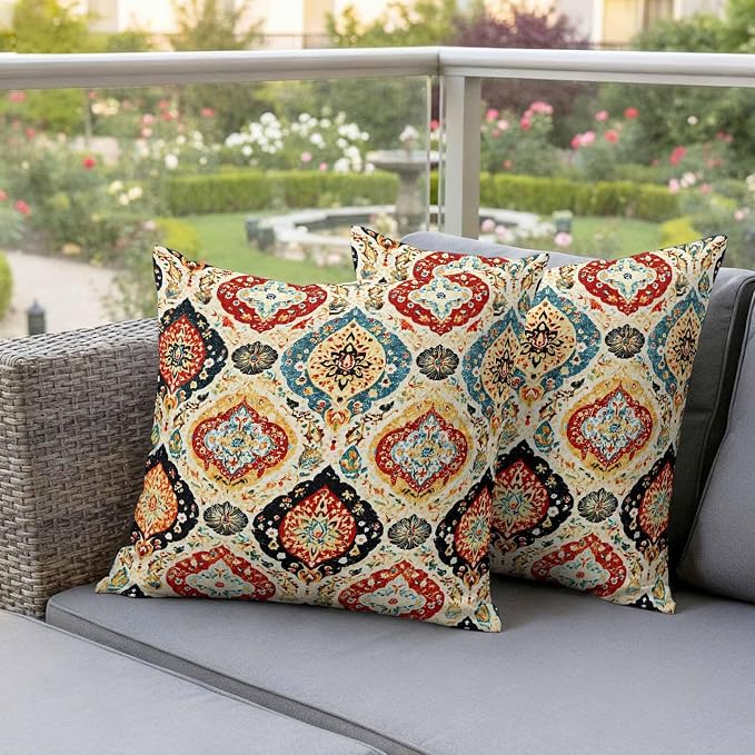 Bohemian Floral Outdoor Pillow Covers 18"x18" Set of 2, Abstract Moroccan Ethic Tribal Colored Floral Waterproof Throw Pillow Covers for Patio Furniture, Decorative Cushion Covers for Porch