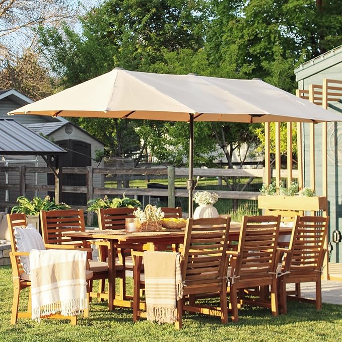 PHI VILLA 7pc Outdoor Dining Set, Expandable Wood Table w/Umbrella Hole | Acacia wood teak patio furniture set for 6. Perfect for patio, deck, porch, backyard. Chairs with cushions.
