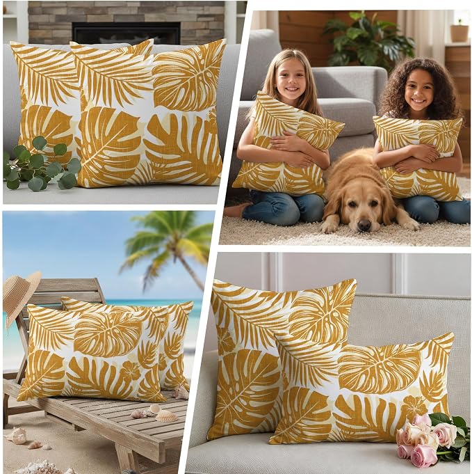 Vintage Yellow Palm Leaves Outdoor Pillow Covers 20"x20" Set of 2, Tropical Botanical Minimalist Modern Waterproof Throw Pillow Covers for Patio Furniture, Decorative Cushion Covers for Porch