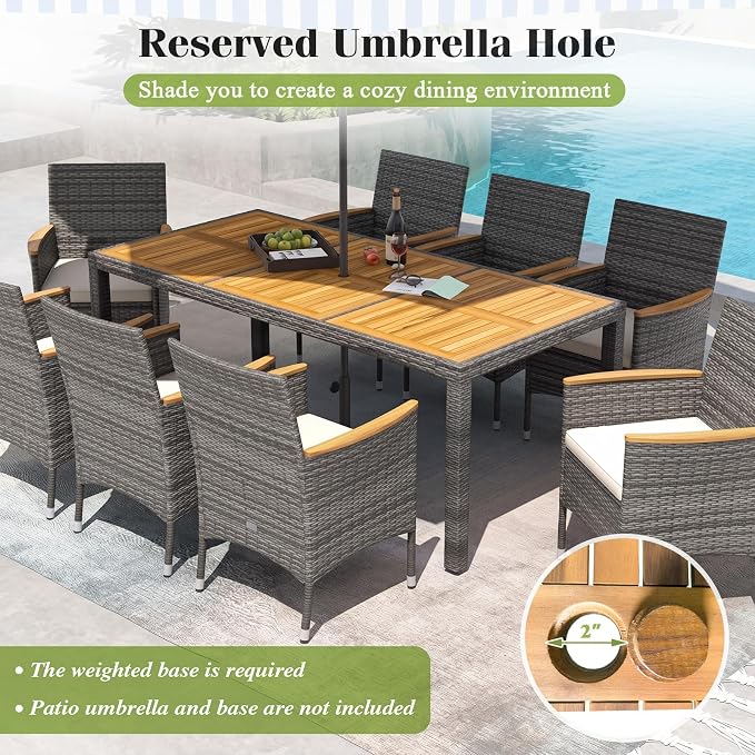 Tangkula 10 Pieces Patio Wicker Dining Set w/Double-Sided Patio Umbrella, Outdoor Acacia Wood Furniture Set w/ 8 Armchairs, 71” Dining Table & 15 ft Umbrella with Weighted Base (Turquoise)