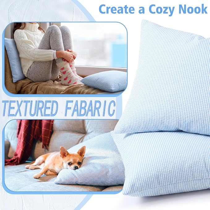 Huhumy Blue Throw Pillow Cover 18" x 18" for Home Decoration Striped Modern Style Decorative Cushion Covers No Inserts Seersucker Pillow Cover for Living Room, Chair, Bed, Couch, Set of 4