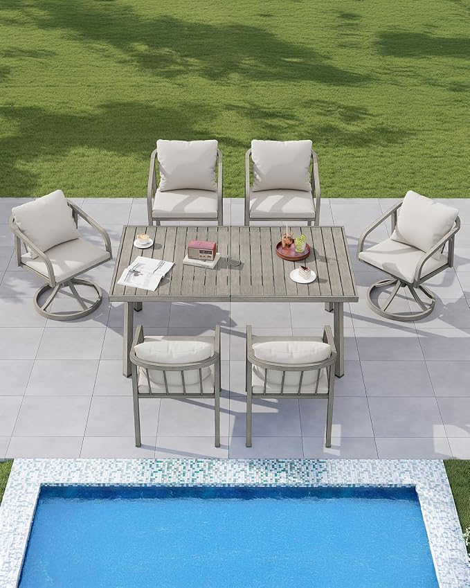2-Piece Outdoor Swivel Chairs, Patio Dining Chairs with Removable Cushions, Never-Rust Aluminum Outdoor Dining Chairs with Wraparound Seating Design for Garden, Deck, Backyard, Gray Oak
