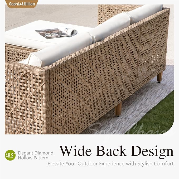 Sophia & William Outdoor Rattan Sofa Set with Thick Cushions & Coffee Table, Weather-Resistant Patio Furniture Set Sectional Couch for Patio Backyard Deck(Beige)