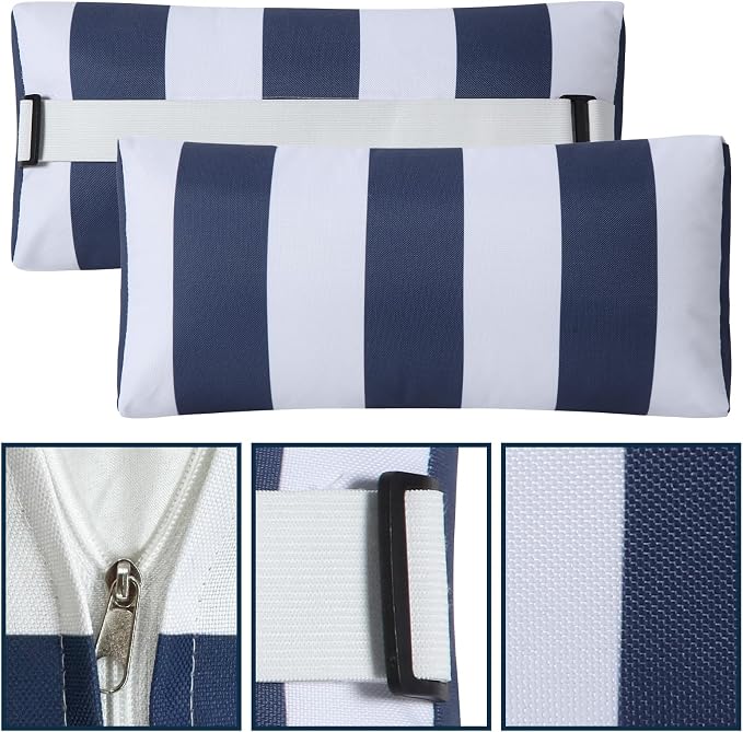 Outdoor Pillow for Chaise Lounge Chair, 2pcs Striped Chaise Lounge Pillows, Adjustable Strap Head Lumbar Pillow for Patio Pool Beach Office, Navy