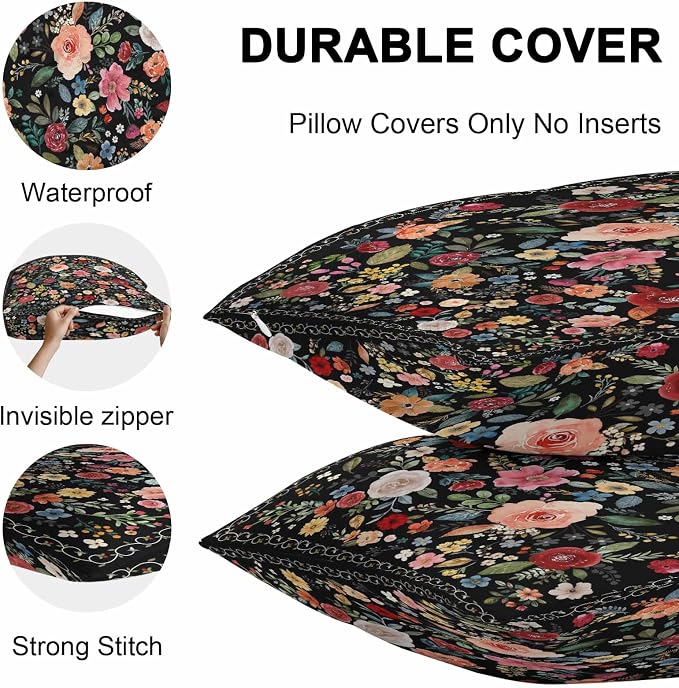 Vandarllin Outdoor Throw Pillows Covers 20x20 inch Set of 2 Waterproof Black Floral Decorative Zippered Cushion Covers for Patio Furniture, Farmhouse Vintage Flower Lumbar Pillowcases