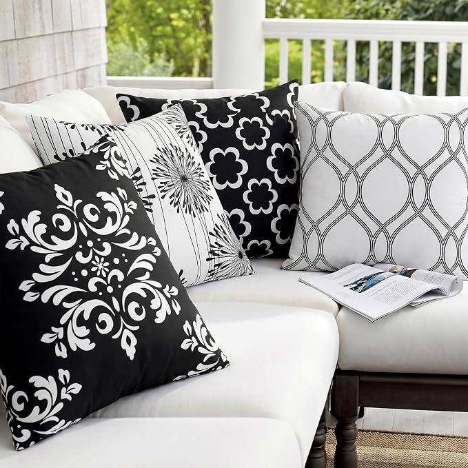 Adabana Outdoor Waterproof Floral Pillow Covers 18x18 Set of 4, Black | Waterproof Fabric Floral and Stripe Design for Patio, Couch, Garden Decor