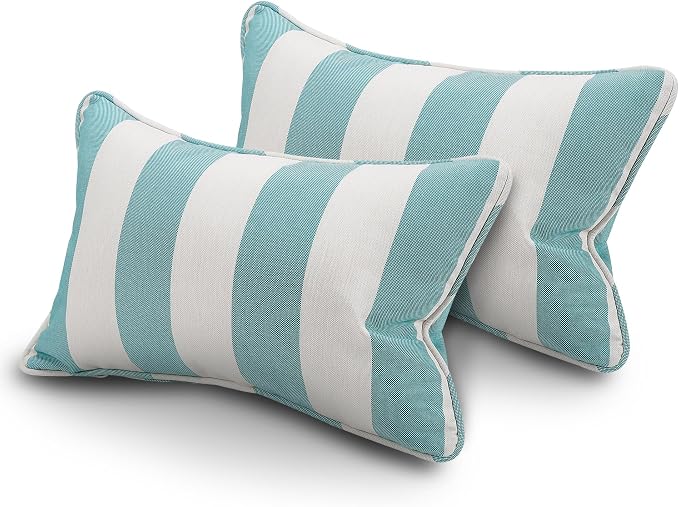 13 x 20 Inch Outdoor Lumbar Pillow with Insert Set of 2, Decorative Piping Edge Waterproof Fade Resistant Fluffy Throw Pillows for Patio Furniture Chair Bench Couch - Sky Blue Ivory